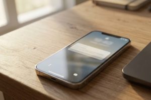 Смартфон с уведомлением на столе рядом с ноутбуком