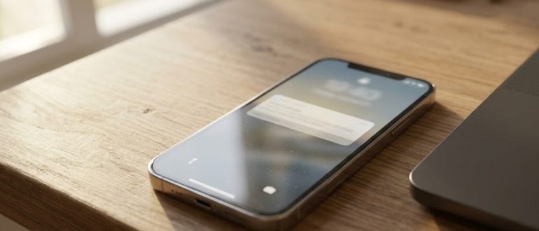 Смартфон с уведомлением на столе рядом с ноутбуком