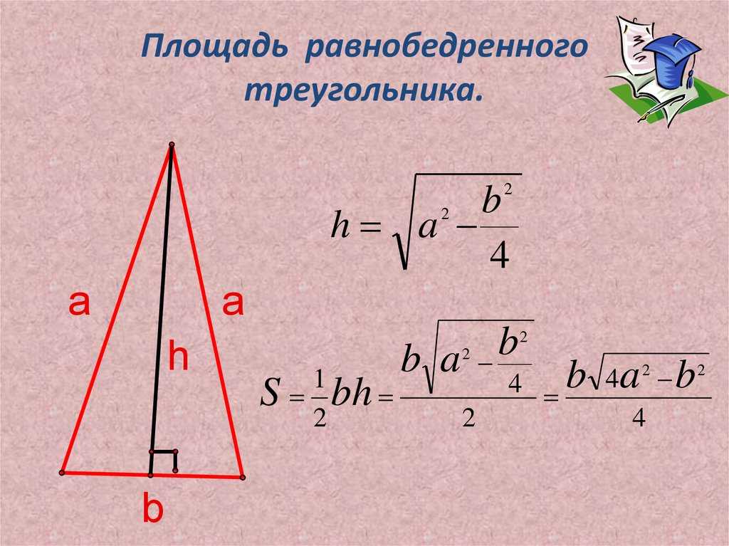 Площадь через сторону и высоту. Формула нахождения площади равнобедренного треугольника. Формула площади треугольника равнобедренного треугольника. Площадь равнобедреннгого текгол. Плащадьравнобедреного треугольника.