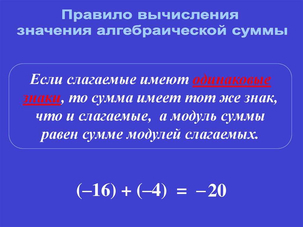 Тема урока: «алгебраическая сумма и правила её вычисления».