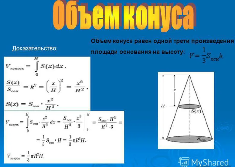 Объем жидкости в конусе. Формула объема конуса доказательство. Объем конуса формула через высоту. Вывод формулы объема конуса. Объем конуса через площадь основания.