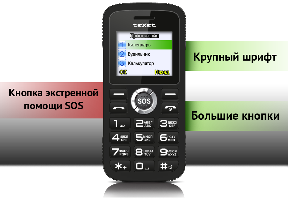 Кнопочный телефон. Телефон для пожилых людей. Телефон с крупным шрифтом. Интерфейс кнопочного телефона.