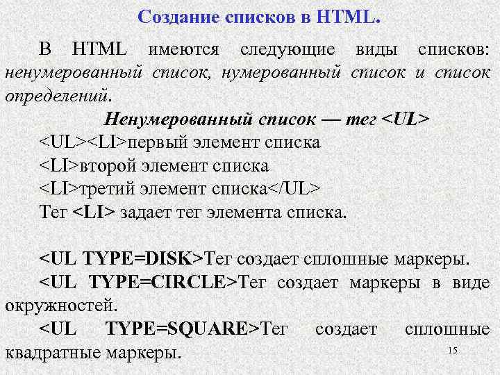 Списки хтмл. Списки в html. Создать список в html. Ненумерованный список в html. Виды списков в html.