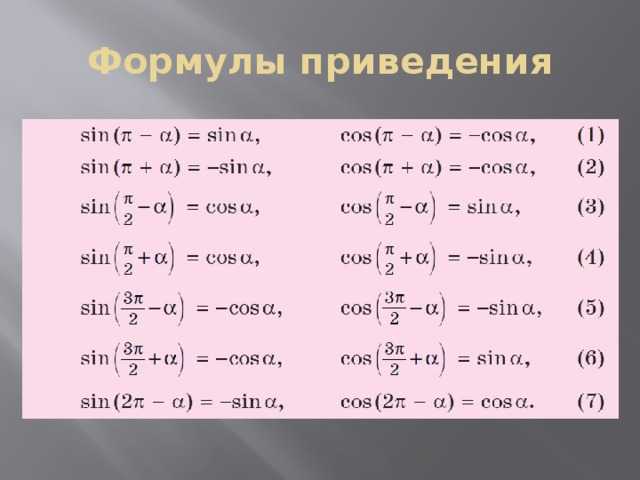 Формулы приведения: таблица тригонометрических функций по геометрии для 10 класса и основные формулы для синуса или косинуса