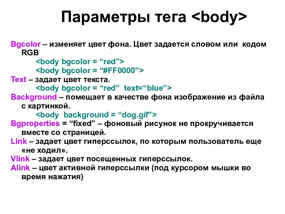 Текст для сайта html. Тег body в html. Html тег в Теге. Параметры тегов html. Цвет фона в html тег.