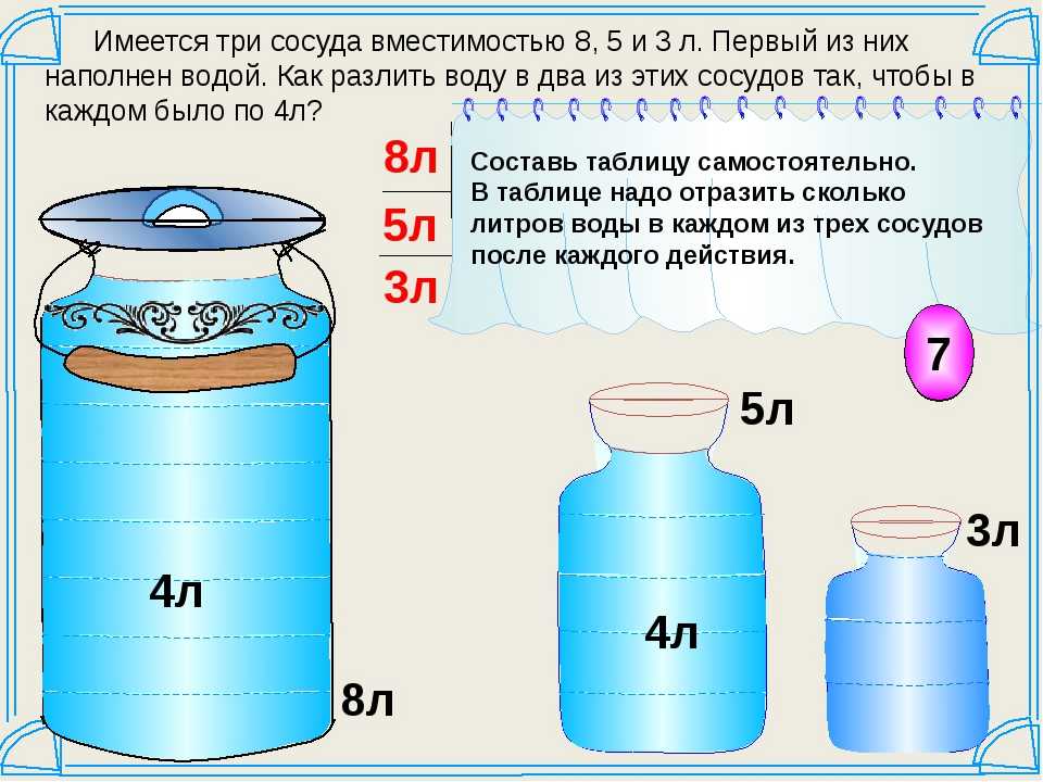 В 2 банках 7 литров воды. Задачи про переливание воды. Емкости в литрах банки. Задача с литрами. Задачи на литры.