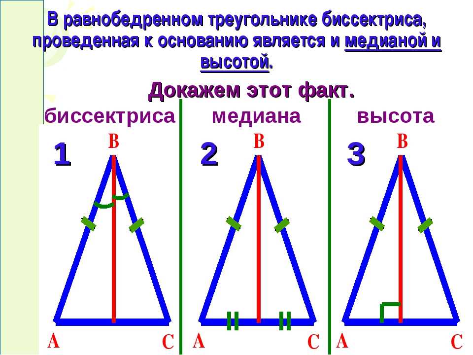 Высота в геометрии в равнобедренном треугольнике. Биссектриса и высота в равнобедренном треугольнике. Медиана биссектриса и высота равнобедренного треугольника 7 класс. Формула нахождения биссектрисы равнобедренного треугольника. Равнобедренный треугольник Медиана биссектриса и высота.