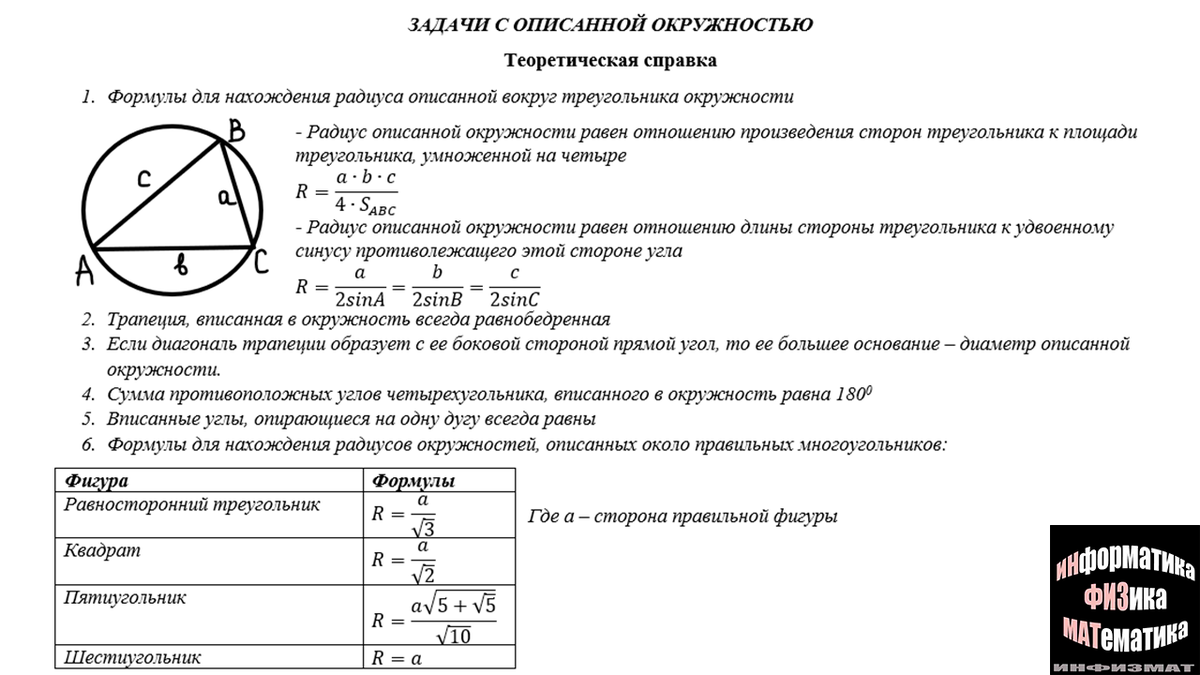 Формула описанной окружности около равностороннего треугольника. Описанная окружность около треугольника формулы. Описанная окружность квадрата таблица.