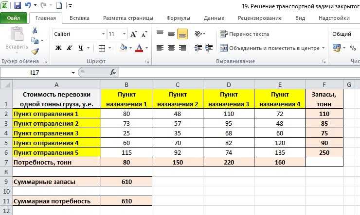 Решение транспортной задачи в excel