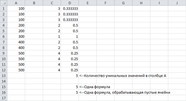 Как посчитать количество значений в столбце excel